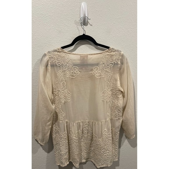 JOHNNY WAS Ivory Embroidered 3/4 Sleeve Round Neck Blouse - Picture 3 of 4